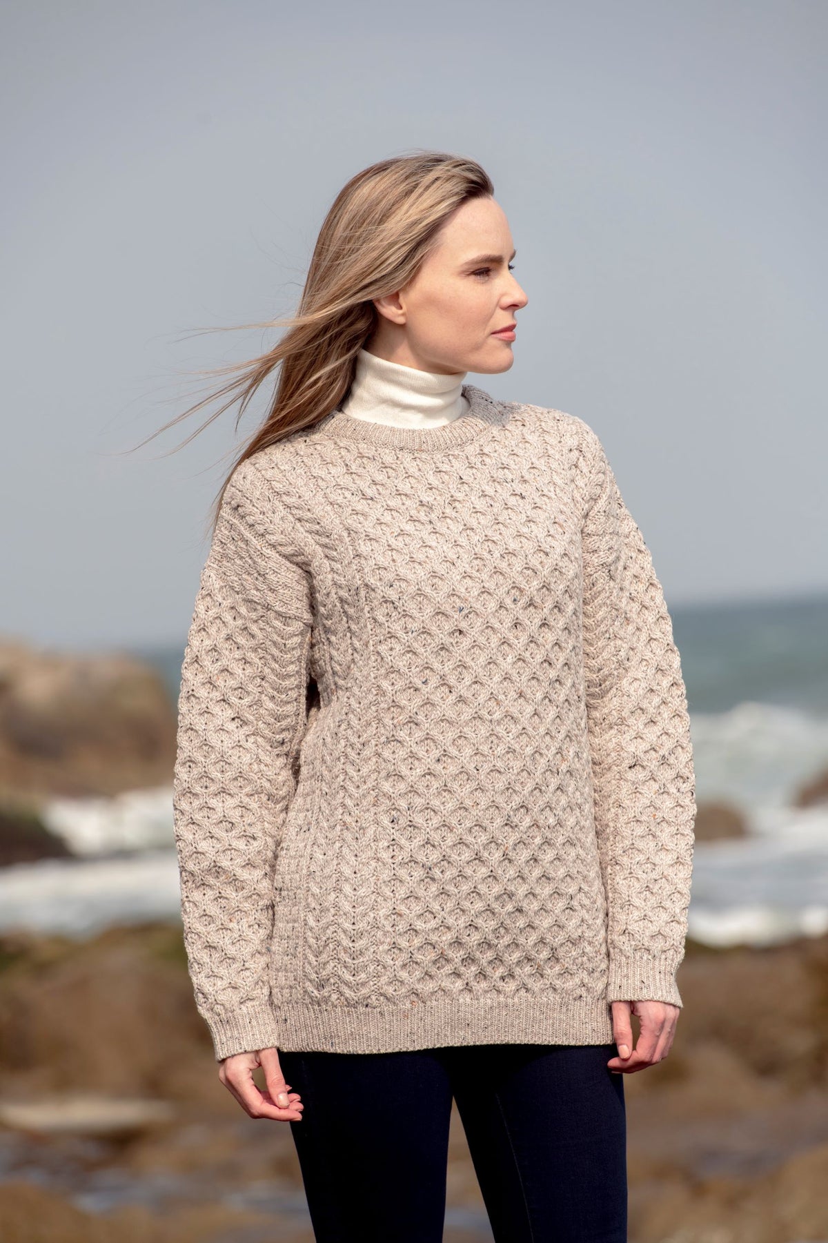 Traditional Women&#39;s Aran Sweater- Super Soft- Oatmeal