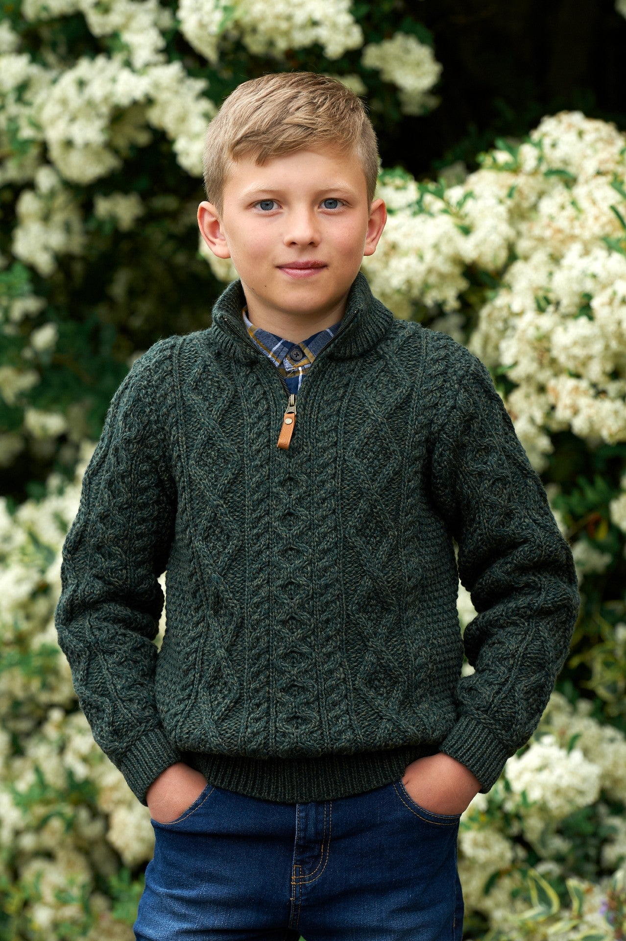 Boys Half Zip Aran Sweater-Green - Quills Woollen Market